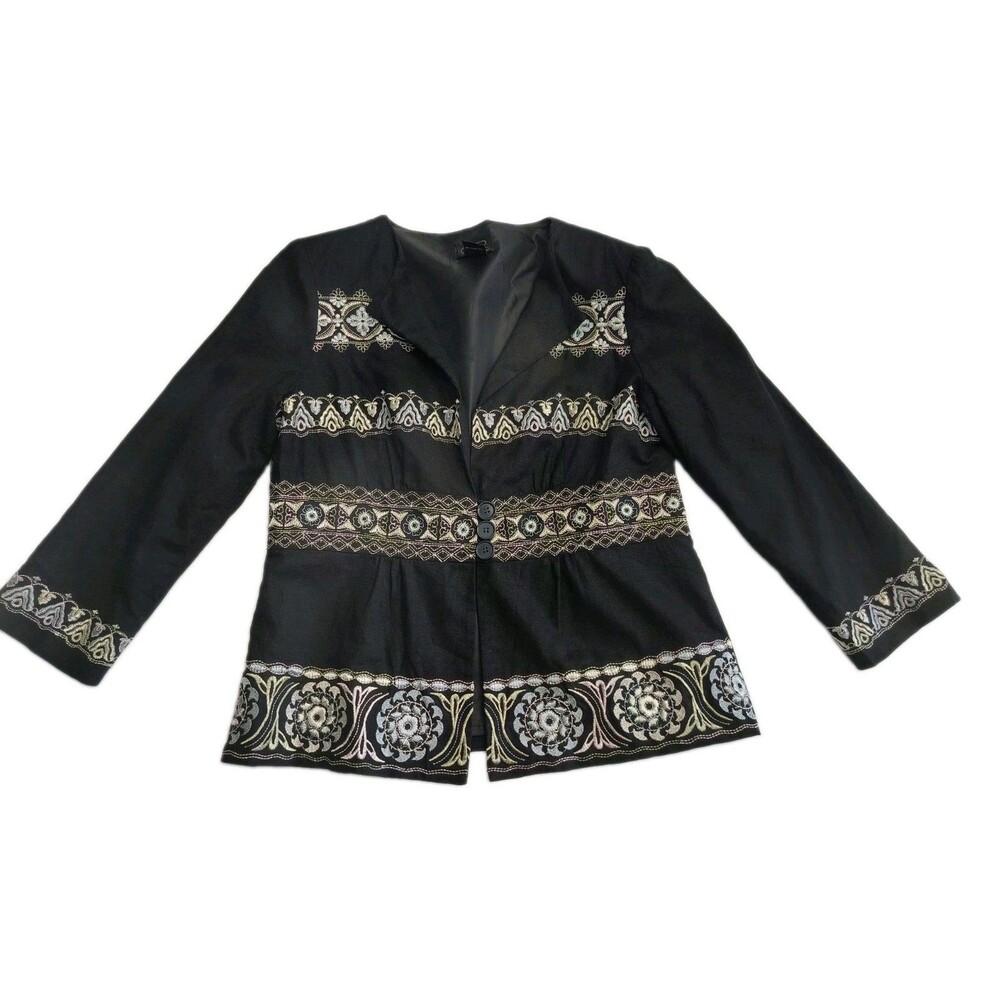 CR Sportswear Linen Peplum Blazer Black Embroydered 3 Buttons Size 8 3/4 Sleeve